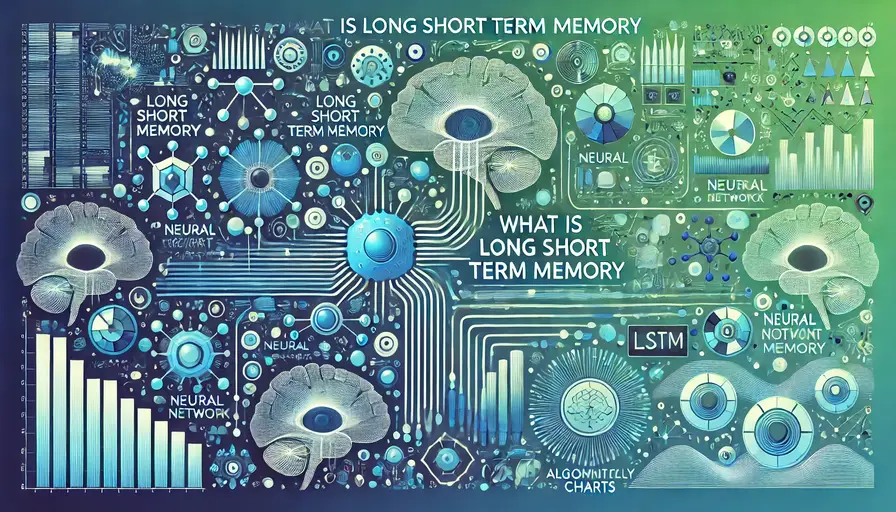 Blue and green-themed illustration of Long Short Term Memory (LSTM), featuring LSTM cell diagrams, neural network symbols, and algorithmic charts.