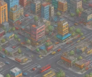 A vibrant urban landscape showcases machine learning applications with interactive data overlays for real-time analysis