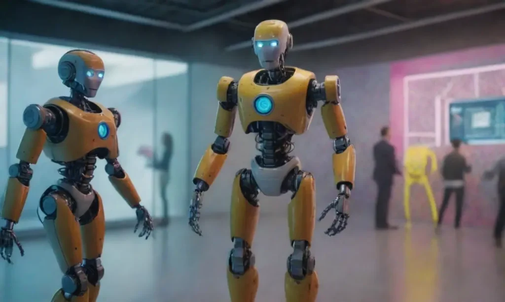 The wallpaper showcases vibrant robots and humans collaboratively in a futuristic