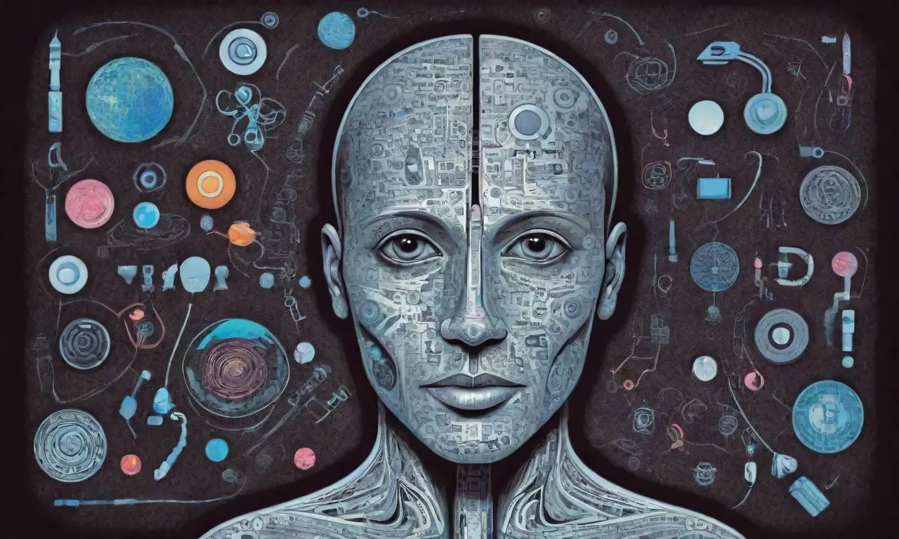 The wallpaper showcases a futuristic blend of human-AI themes and ethics in a digital landscape
